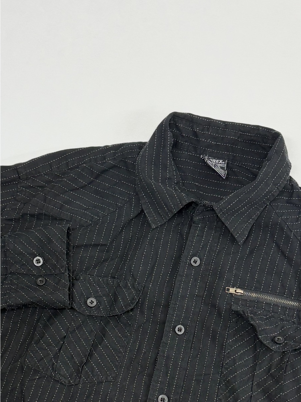Avirex Button Front Shirt Mens XL Black Pinstripe Short Sleeve Workwear Casual